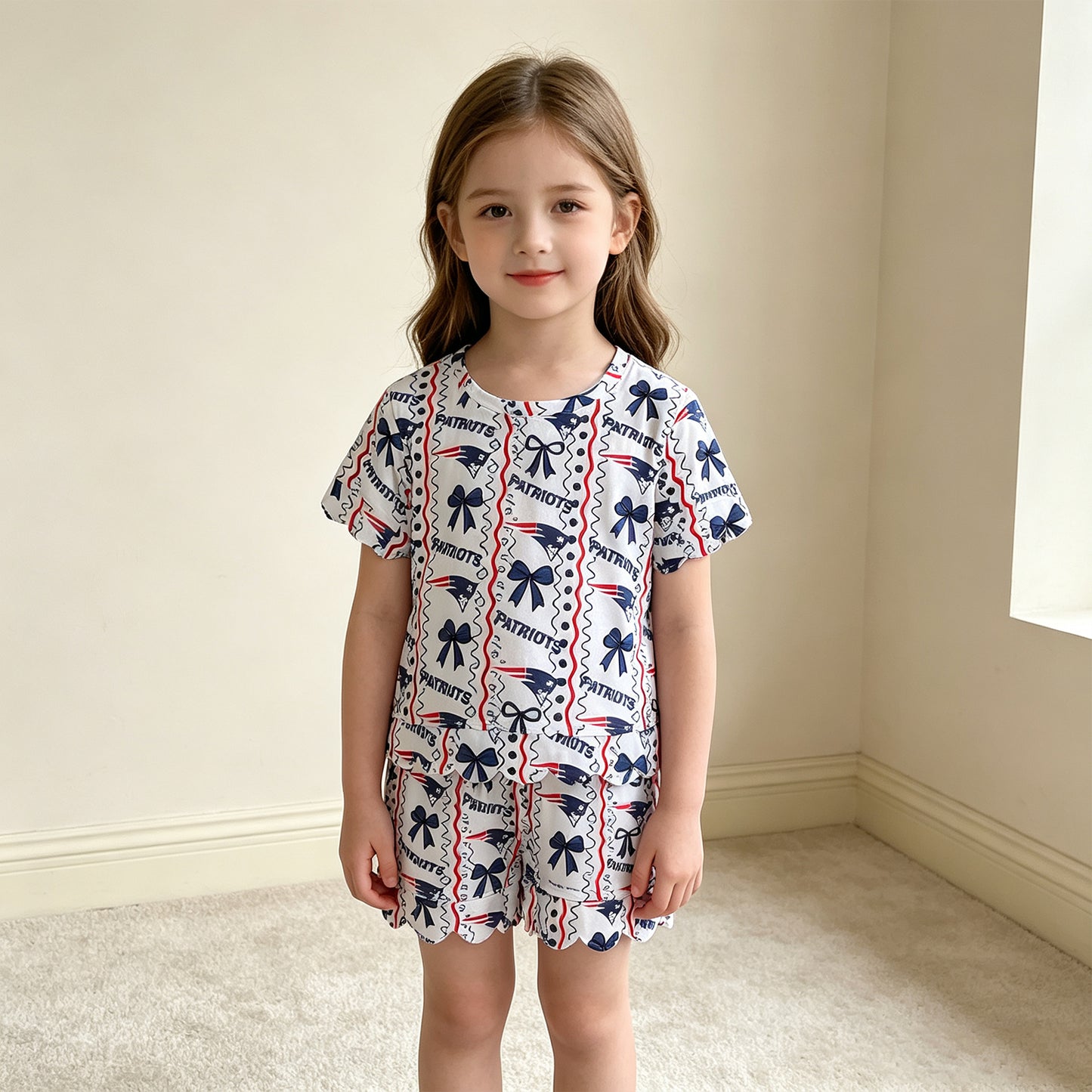NEW RTS NO MOQ milk silk GSSO3854 Baby Girls Bows Stripe Top Short Team Scallop Sets