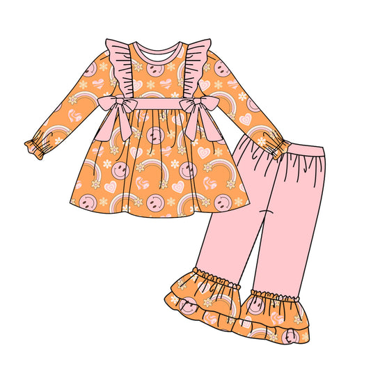 6.19 custom each style moq 5eta 4-6week Sibling Sister smiley orange baby girls sets and dress and rompers match family design