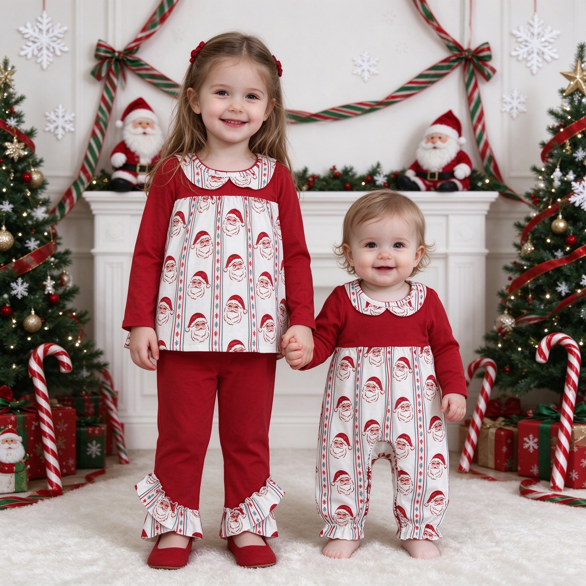 Baby Girls Christmas Santa Collar Collection - Red White Ruffle Pant Set & Romper