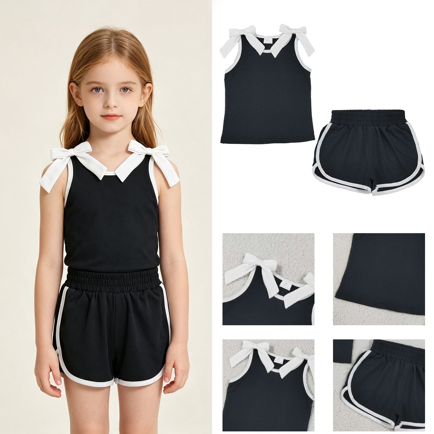 RTS No moq milk silk GSSO3817 Baby Girls Black White Bows Sleeveless Top Short Clothes Sets