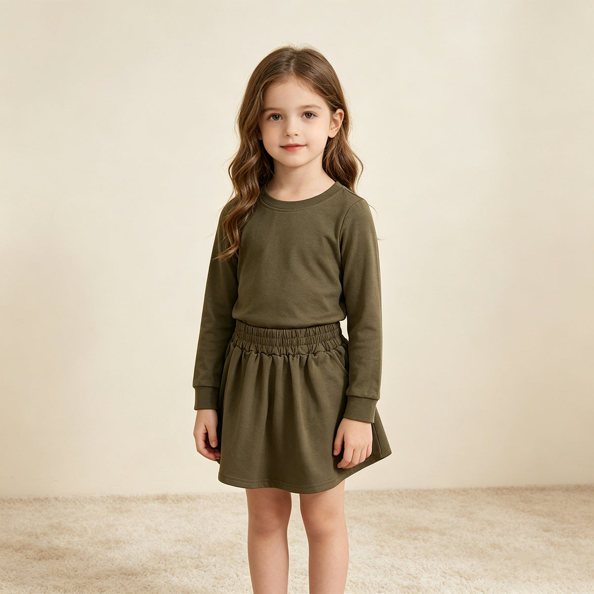NEW RTS NO MOQ cotton GLD1698 Baby Girls Olive Long Sleeve Top Pockets Skirt Short Sets