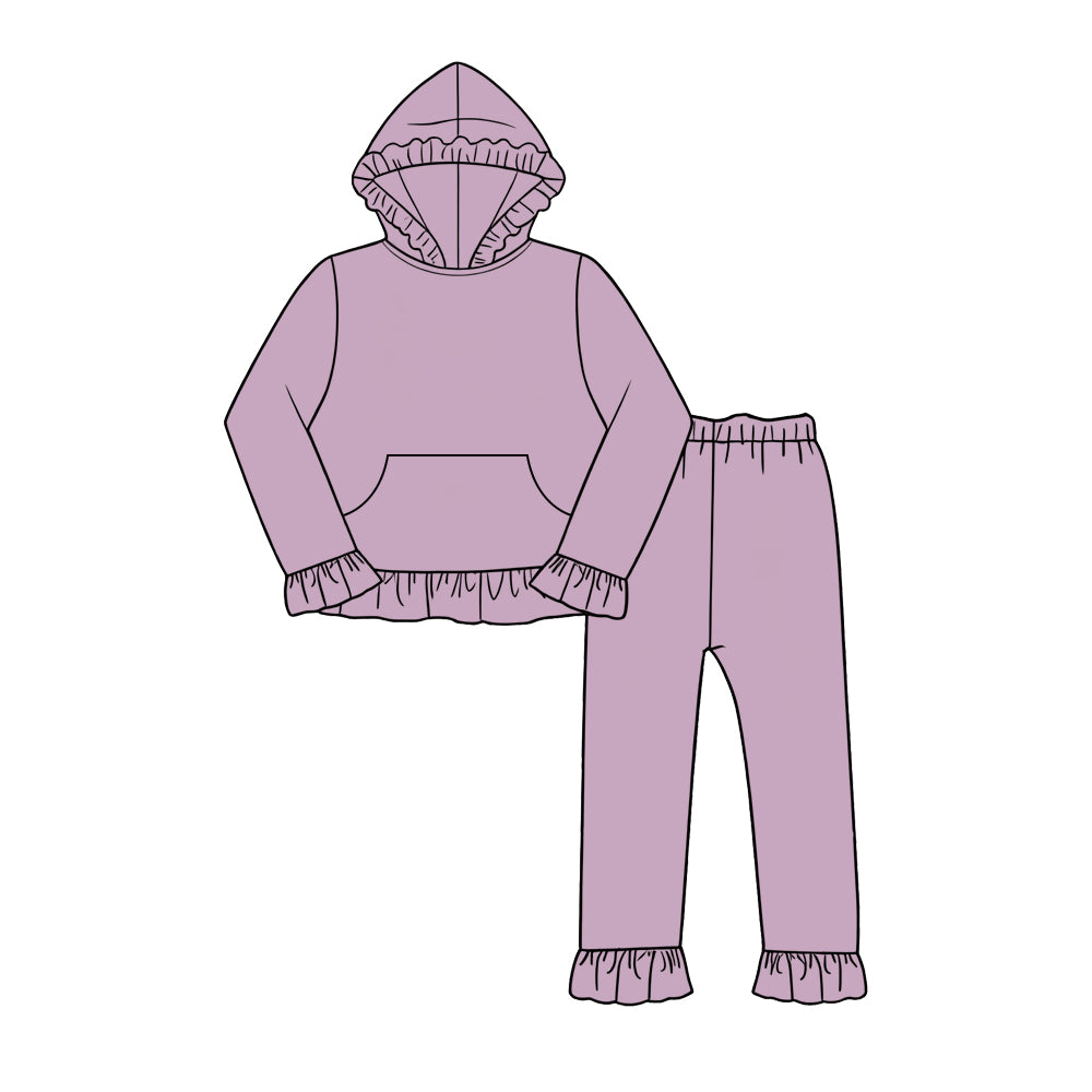 Custom moq 5 girls  Blank Cotton Dusty Lavender Ruffled Hooded Long Sleeve Pants Set