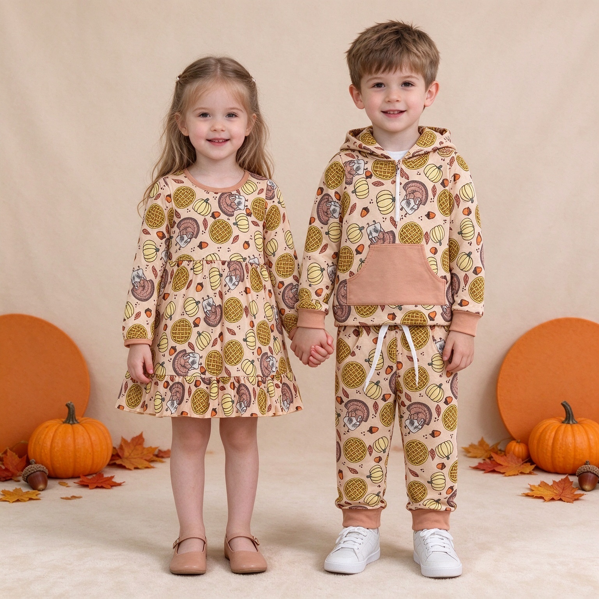 Sibling Kids Thanksgiving Turkey Pumpkin Pie Print Hoodie Set & Ruffle Twirl Dress Collection