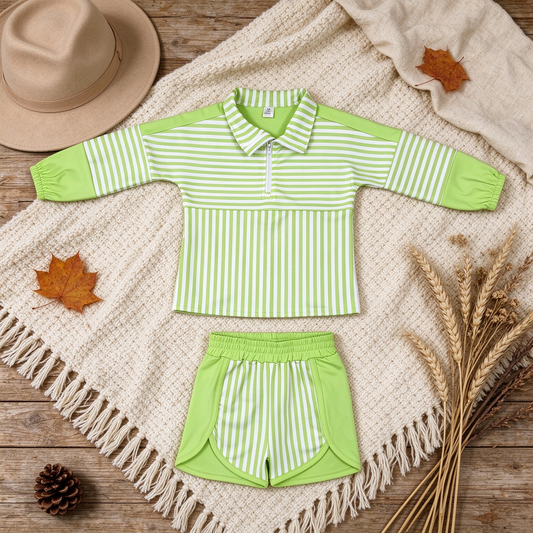 NEW RTS NO MOQ yoga fabric GLS0109 (GT1718+SS0952) Yoga Baby Girls Green Stripe Print Zip Pullover Matching Shorts Yoga Set