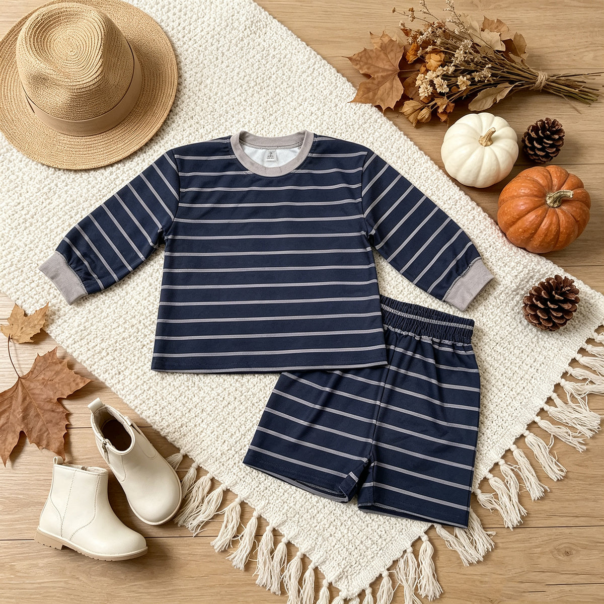 NEW RTS NO MOQ yoga fabric GLS0158 Yoga Baby Girls Grey Navy Stripe Shirt Top Shorts Kids Active Outfit