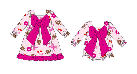 25.9.14 custom each style moq 5eta 6-8week Sibling Sisters rugby bow baby girl long sleeve dress and rompers match family design