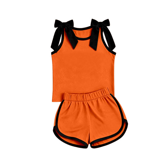 custom moq 5 mix size Baby Girls Black Bow Sleeveless Orange Top Shorts Team Athletic Set