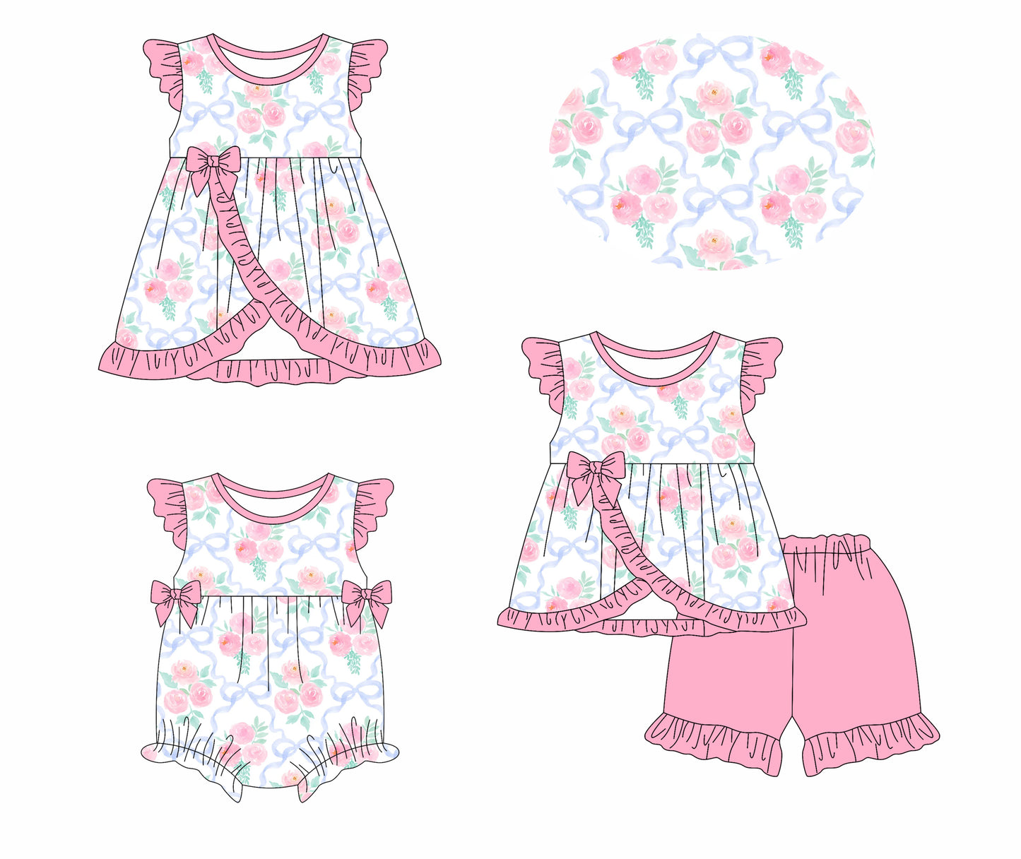 3.8 custom each style moq 5eta 4-6week Sibling Sisters bow floral baby girl short sleeve shorts sets and dress and rompers match family design