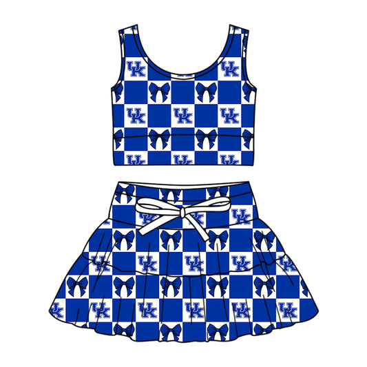Custom moq 3 or 5 mix size milk silk summer teams baby girl clothes bow blue sleeveless skirts sets-26.1.19