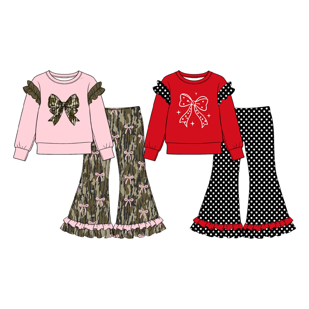 (Preorder new) No moq Girls Bow Print Long Sleeve Top And Flare Pant Clothes Set