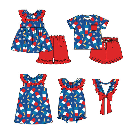 11.28 custom each style moq 5eta 4-6week Sibling Sister ice cream baby girl short sleeve shorts sets and sets 2 and girls romper and dress match design