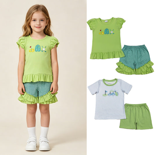RTS NO MOQ Sibling Baby Girls Boys Blue Stripe Golf Short Sleeve Top Green Shorts Sets