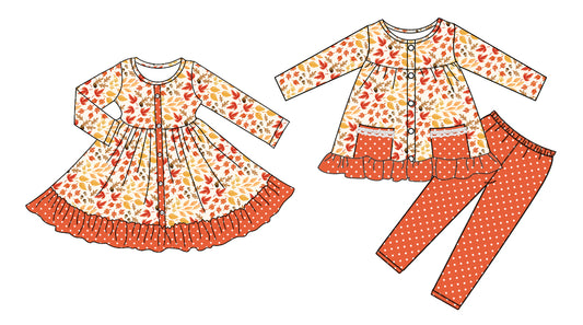 25.5.8 custom each style moq 5eta 4-6week Sibling Sisters leaf baby girl long sleeve pants sets and dress match family design