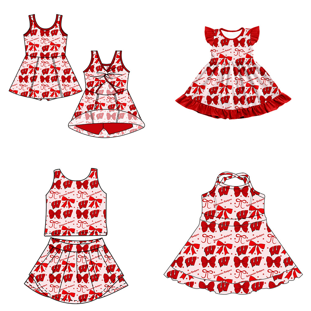 Custom moq 5 mix size milk silk summer teams baby girls clothes team bow red sleeveless skirts sets and dress 1 and dress 2 and dress 3-25.6.27