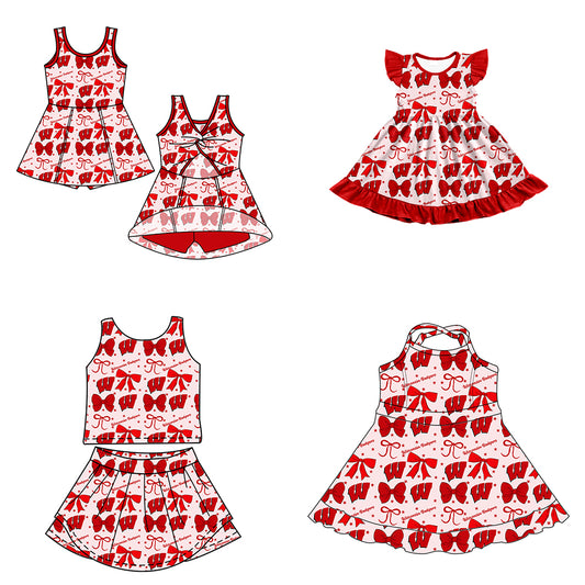 Custom moq 5 mix size milk silk summer teams baby girls clothes team bow red sleeveless skirts sets and dress 1 and dress 2 and dress 3-25.6.27