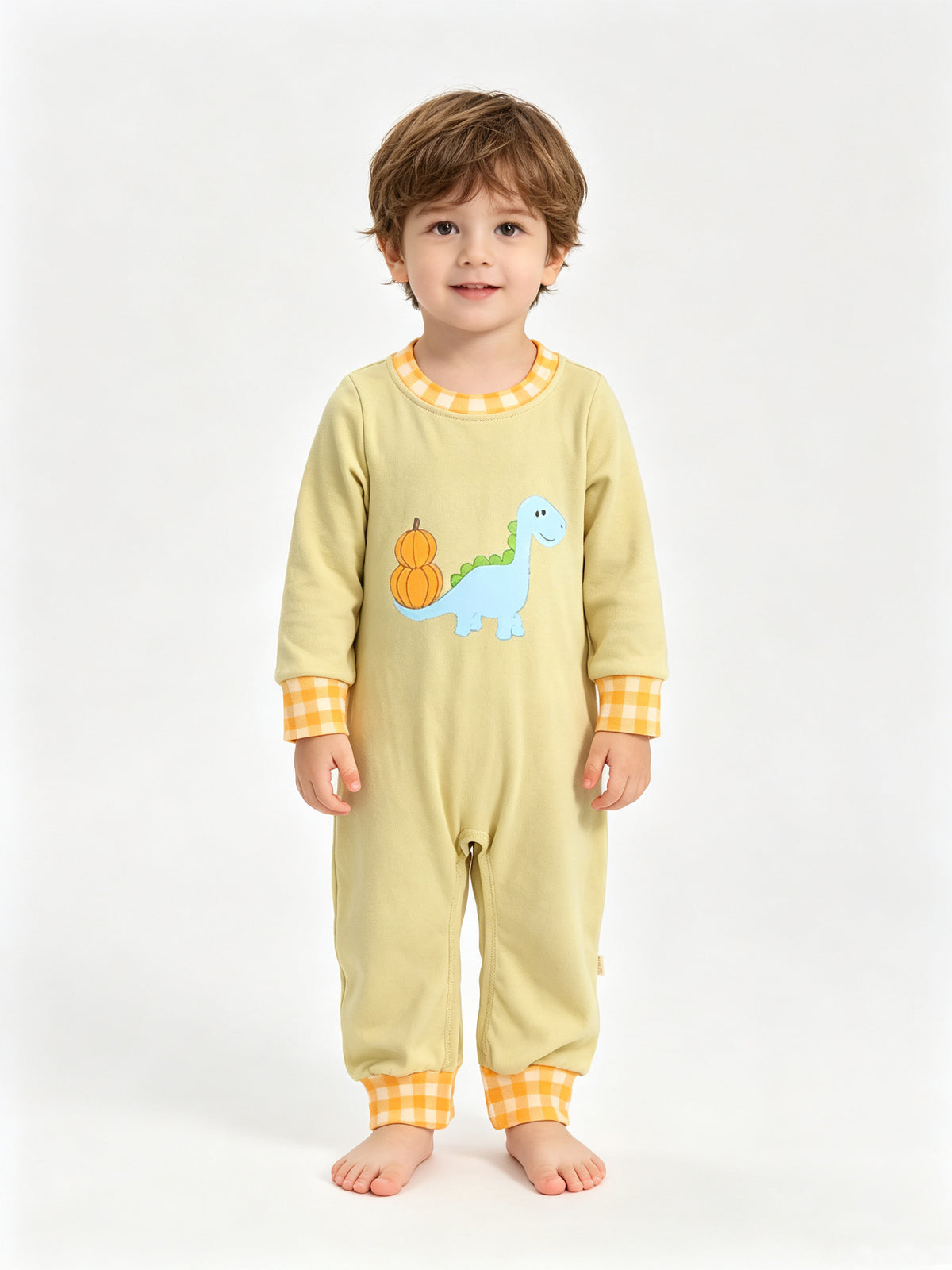 (Sample) No moq milk silk LR3168 Embroidery Pumpkins Dinosaur Baby Boys Fall Pant Rompers Fall Daily Wear Romper