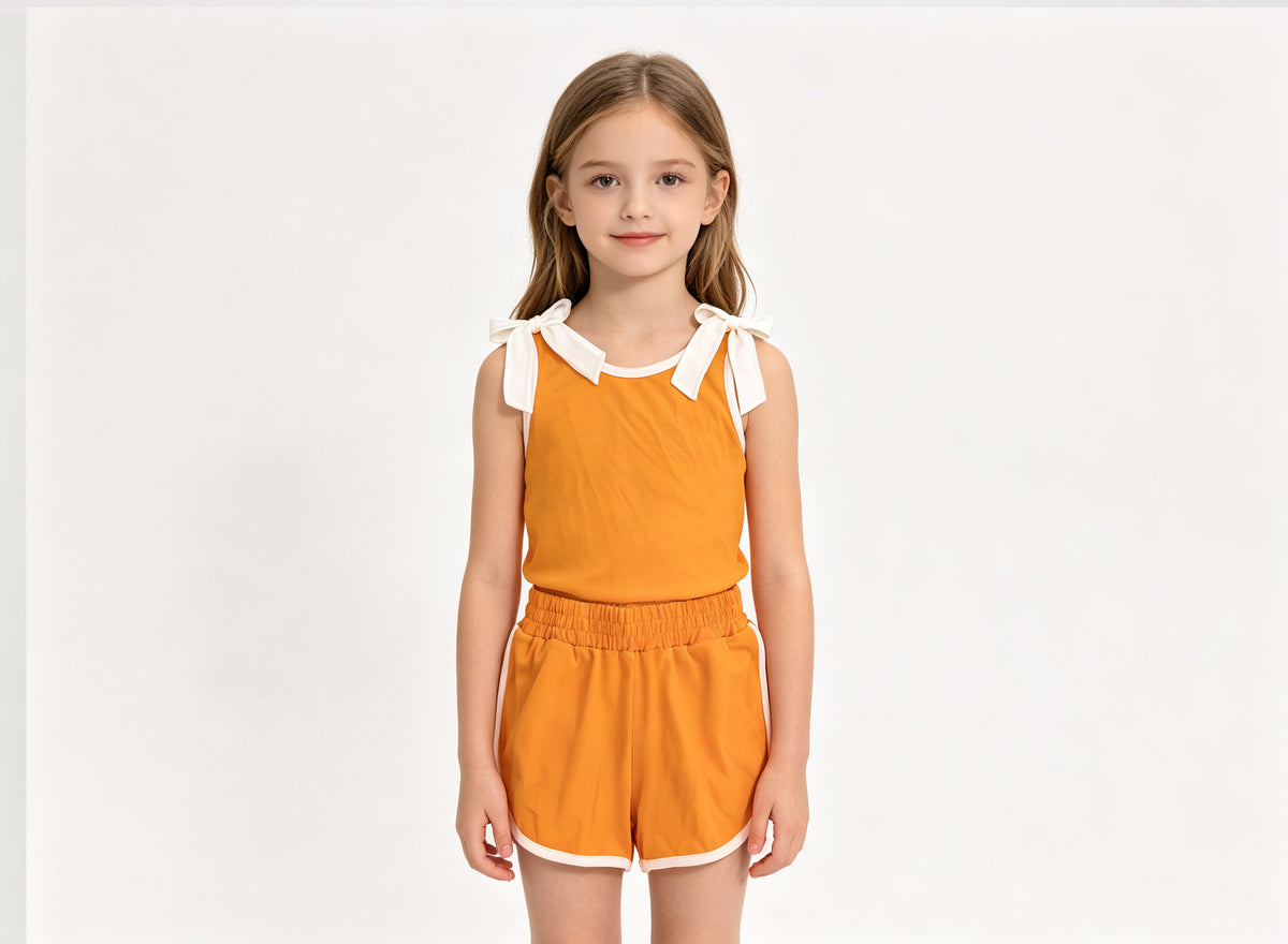 (Sample) No moq cotton GSSO3851 Baby Girls Orange White Bow Sleeveless Top Shorts Two Piece Summer Sets
