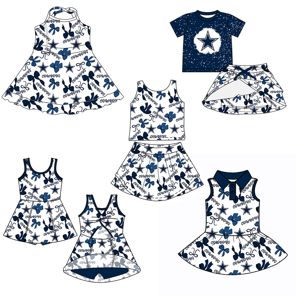Custom moq 5 mix sizes summer teams baby girls clothes team blue short sleeve skirts shorts sets 1 and skirts sets 2 and and skirts sets 2 and dress 1 and dress 2 and dress 3 and dress 4-25.6.5