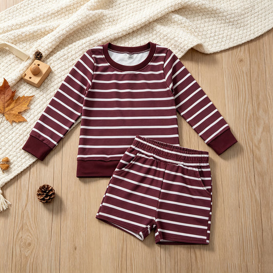 NEW RTS NO MOQ yoga fabric GLS0130 Yoga Baby Girls Maroon Stripe Shirt Top Short Yoga Active Clothes Set