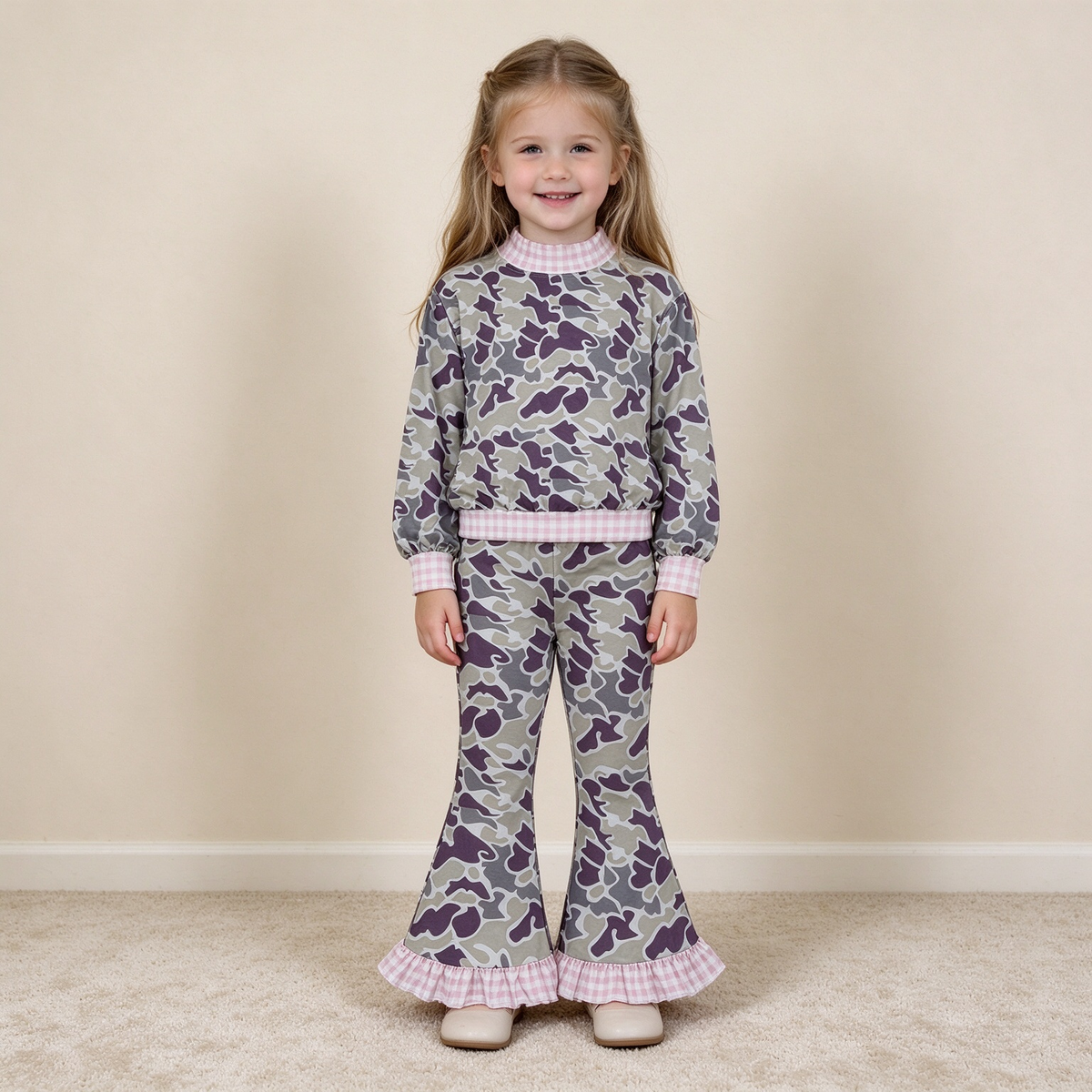 NEW RTS NO MOQ milk silk GLP3736（GT1873+P1184）High Neck Baby Girls Grey Camo Choker Top Ruffle Flare Pant Set