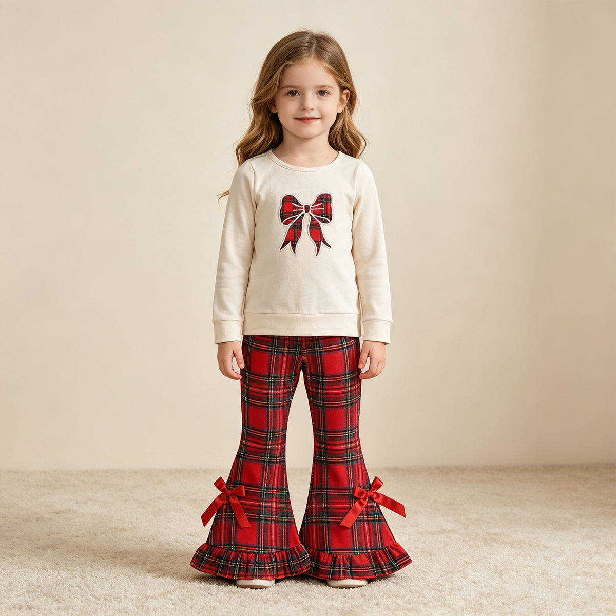NEW RTS NO MOQ milk silk GLP3547 Embroidery Checked Bows Baby Girls Top Ruffle Pant Christmas Clothes Sets