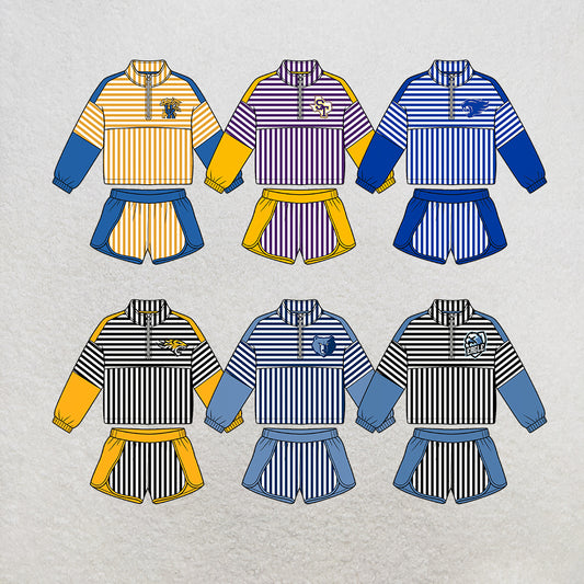 custom moq 5 mix size MSD072306 Baby Girls Stripe Zip Pullover Long Sleeve Team Top Shorts Sets