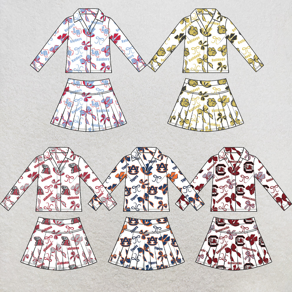 custom moq 5 mix size  XY072306 Baby Girls Summer Bow Print Long Sleeve Top Pleated Skirt Two Piece Team Outfit Set