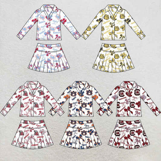 custom moq 5 mix size  XY072306 Baby Girls Summer Bow Print Long Sleeve Top Pleated Skirt Two Piece Team Outfit Set