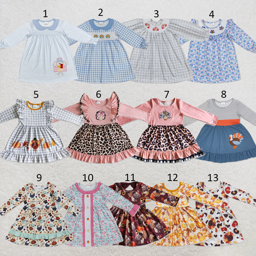 RTS NO MOQ Sibling milk silk Baby Girls Thanksgiving Turkey Pumpkins Print Ruffle Knee Length Dresses