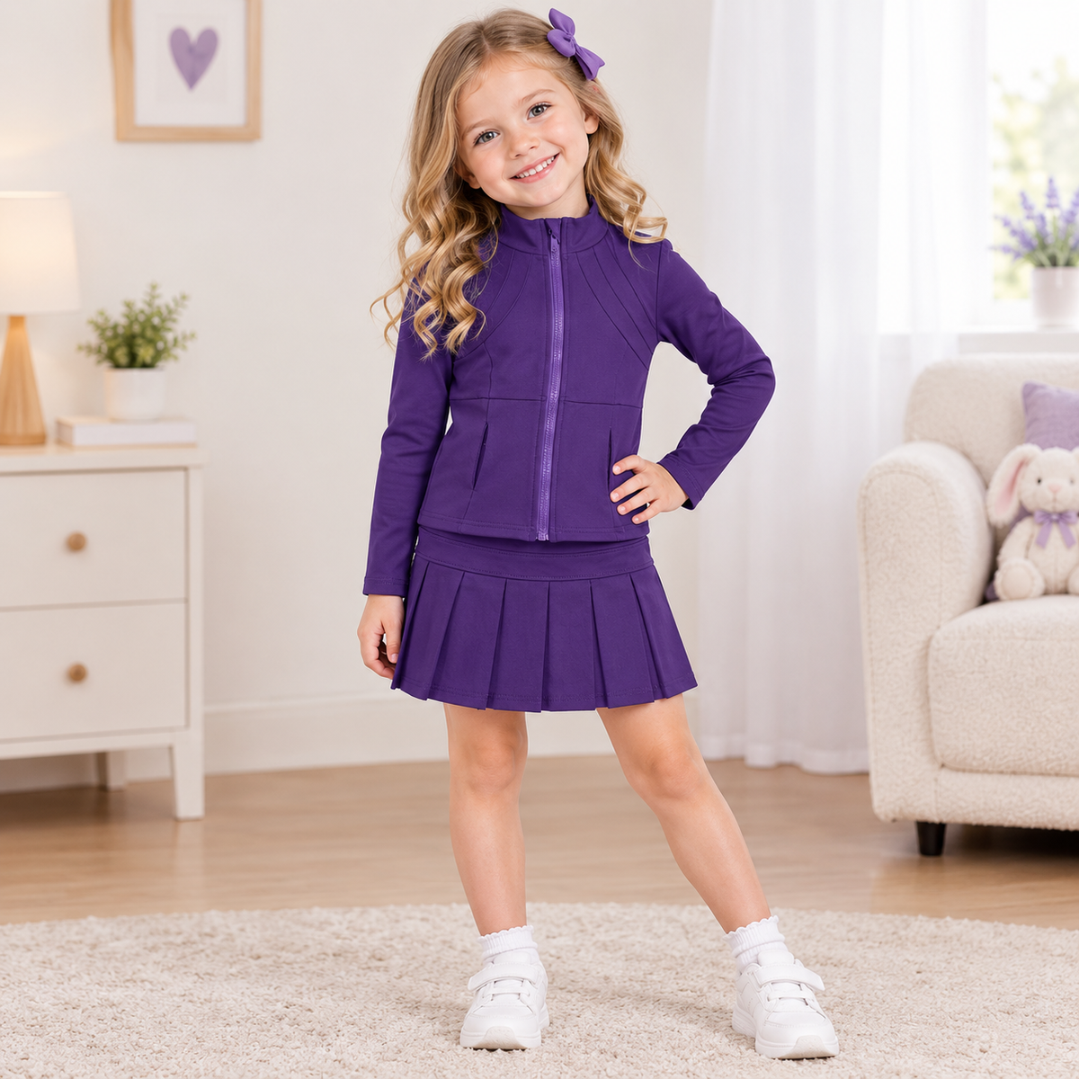 NEW RTS NO MOQ yoga fabric cotton GLD1704(GT1803+GLK0086) Yoga Toddler Girls Purple Zip  Long Sleeve Top Skorts Bottom Pleated Skirts Yoga Set