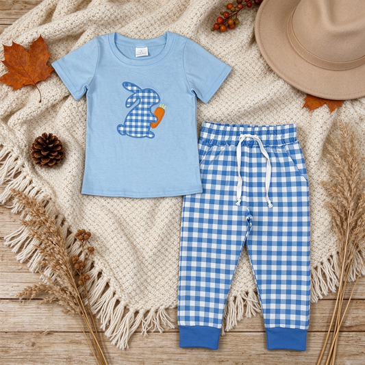 NEW RTS NO MOQ milk silk BSPO0705 Embroidery Baby Boys Blue Checked Rabbit And Carrots Long Sleeve Top Pockets Pant Easter Clothes Sets
