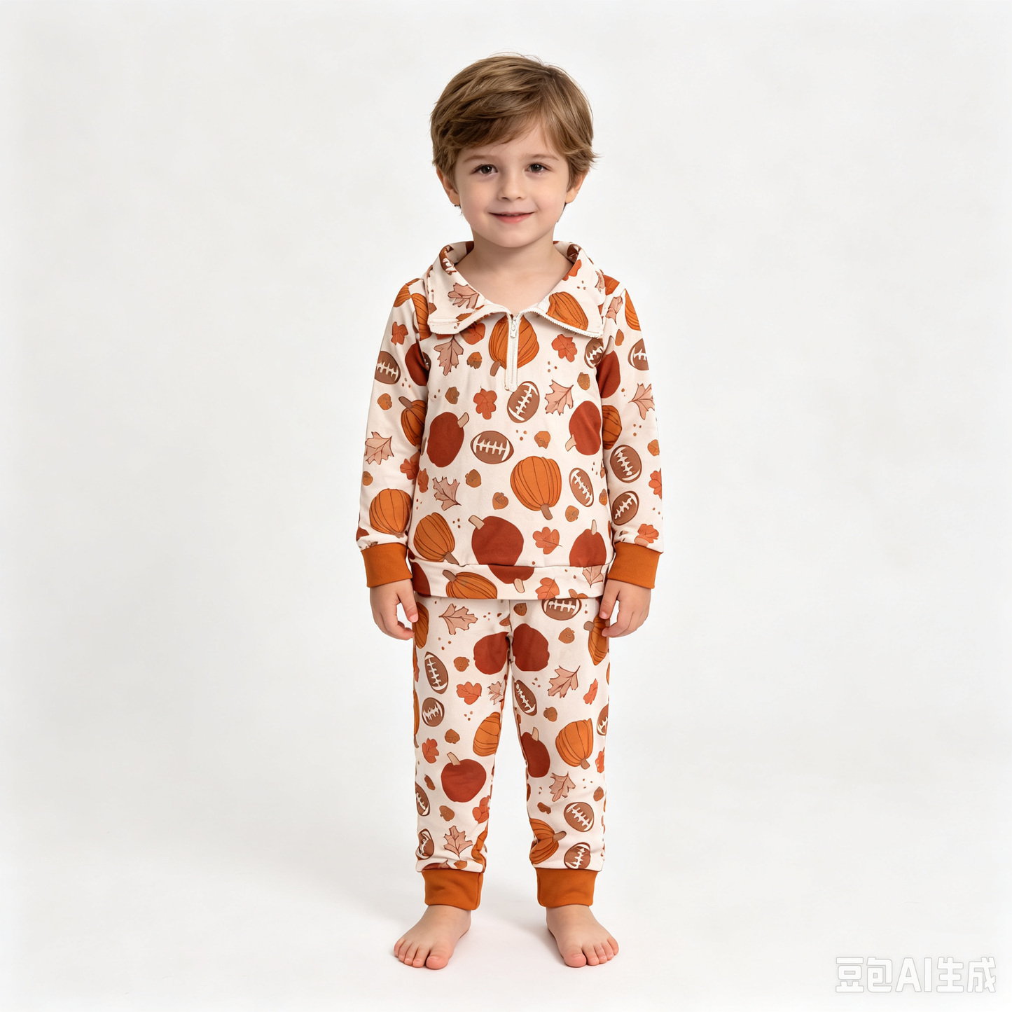 (Sample) No moq milk silk BLP1573（BT1894+P1197）Baby Boys Fall Pumpkin Football Leaf Print Half Zip Collar Long Sleeve Top Jogger Pant Set