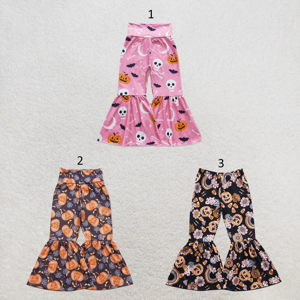 RTS NO MOQ Sibling milk silk Baby Girls Halloween Pumpkin Elastic Waist Bell Bottom Pants Daily Fall Outfit