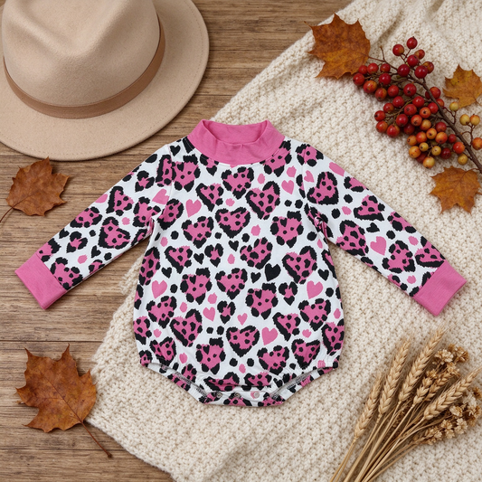 NEW RTS NO MOQ milk silk LR3332 High Neck Baby Girls Long Sleeve Pink Black Leopard Hearts Mock Neck Valentine's Romper