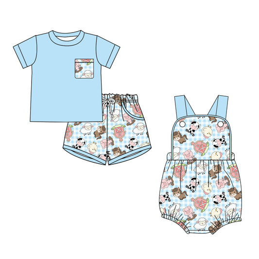 4.7  Custom moq 5 mix size Sibling Baby Boys Blue Checkered Animal Farm Romper Short-Sleeved Top And Shorts Set Summer Outfit