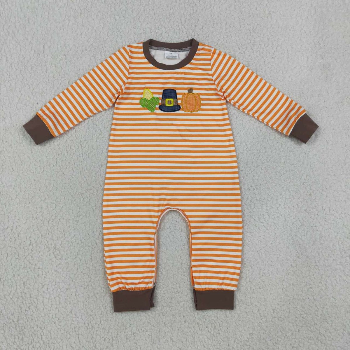 NEW RTS NO MOQ milk silk LR3037 Embroidery Baby Boys Orange Stripe Pumpkin Embroidery Long Sleeve Fall Rompers