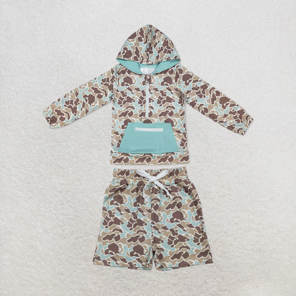 RTS NO MOQ Sibling milk silk Baby Boys Camo Hoodie Top Pocket Short Casual Outfit