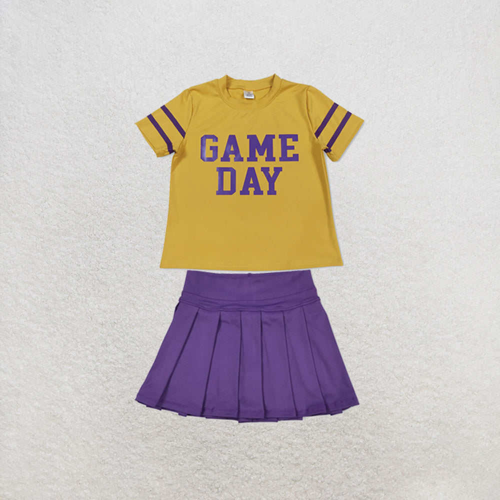 RTS NO MOQ Sibling yoga fabric Baby Girls Vinyl Purple Game Day Print Top Matching Shorts Two Piece Team Active Clothes Set