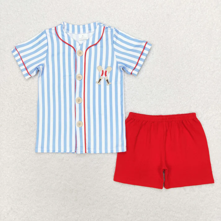 RTS NO MOQ Baby Girls Blue Stripes Baseball Sibling Summer Rompers Clothes Sets embriobery  style