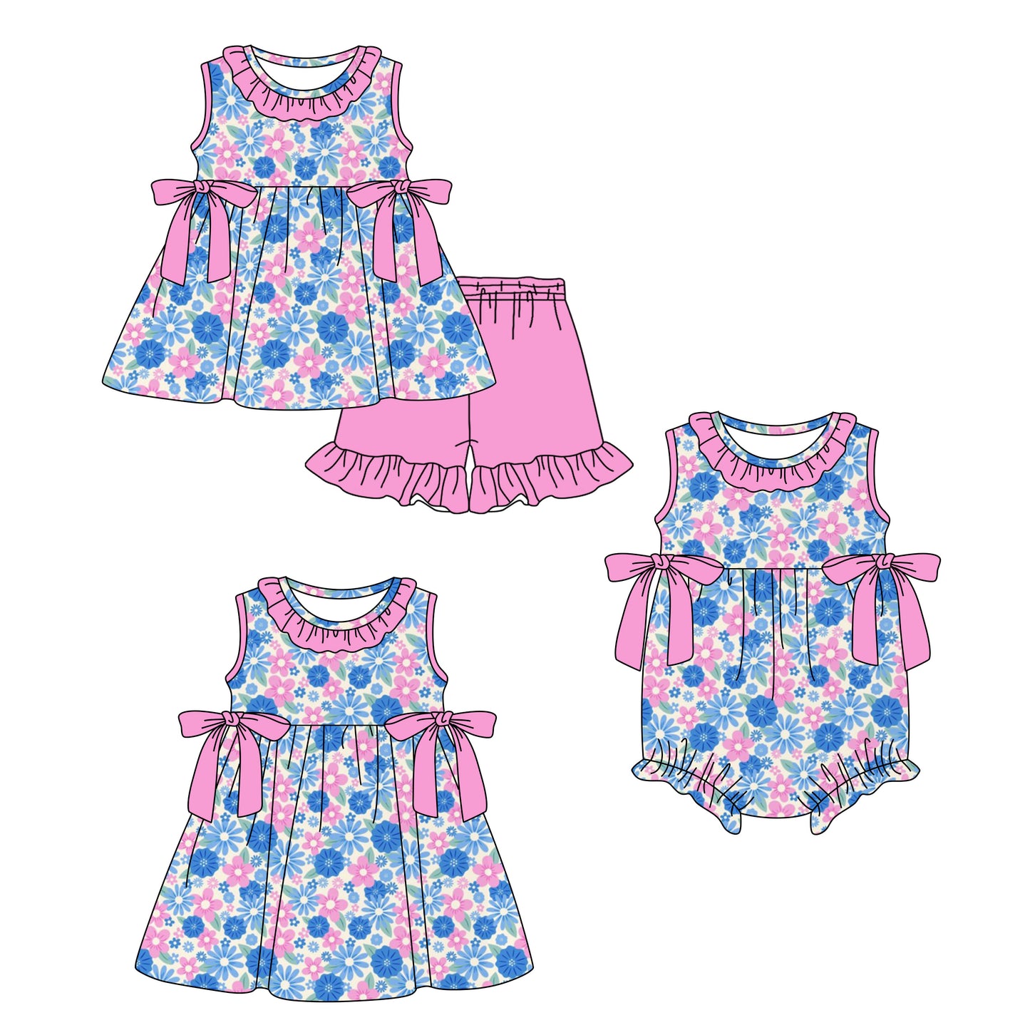 2.27 Custom moq 5 mix size Sibling Baby Girl's Floral print Sleeveless Top And Shorts Set Cute Romper Dress for Summer