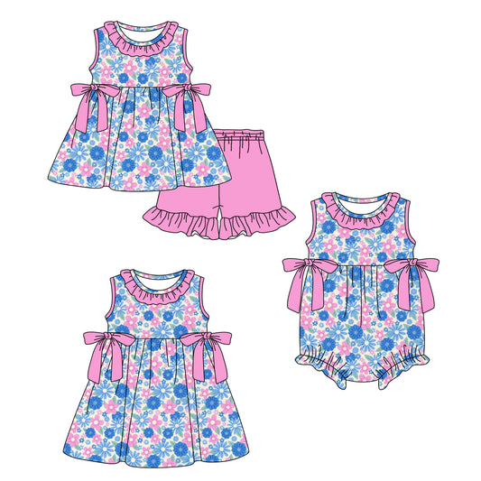 2.27 Custom moq 5 mix size Sibling Baby Girl's Floral print Sleeveless Top And Shorts Set Cute Romper Dress for Summer
