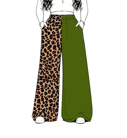 custom moq 5 mix size Baby Kids Olive Leopard Patchwork Print Team Flare Pants Casual Bottom
