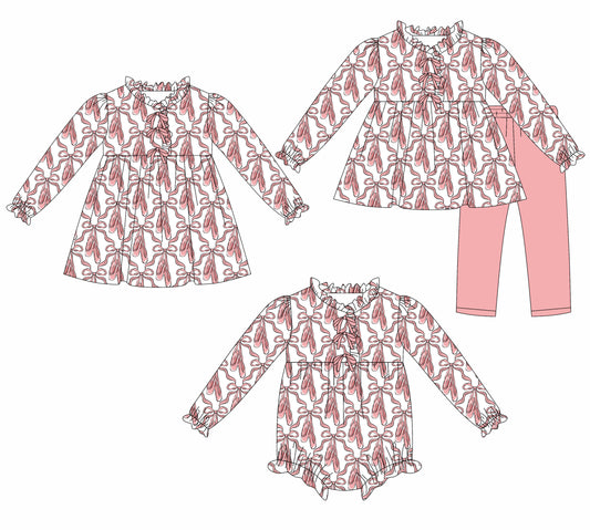 25.8.29 custom each style moq 5eta 4-6week Sibling Sisters bow baby girl long sleeve pants sets and dress and rompers match family design