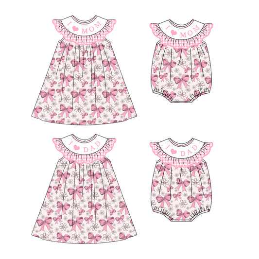 4.22 custom each style moq 5eta 4-6week Sibling Sisters I LOVE MOM DAD bow floral girl short sleeve dress and rompers match family design