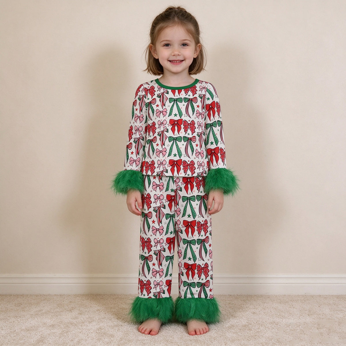 NEW RTS NO MOQ milk silk GLP3611 Baby Girls Green Red Bows Top Pants Fur Sleeves Christmas Pajamas Set Holiday Sleep Outfit