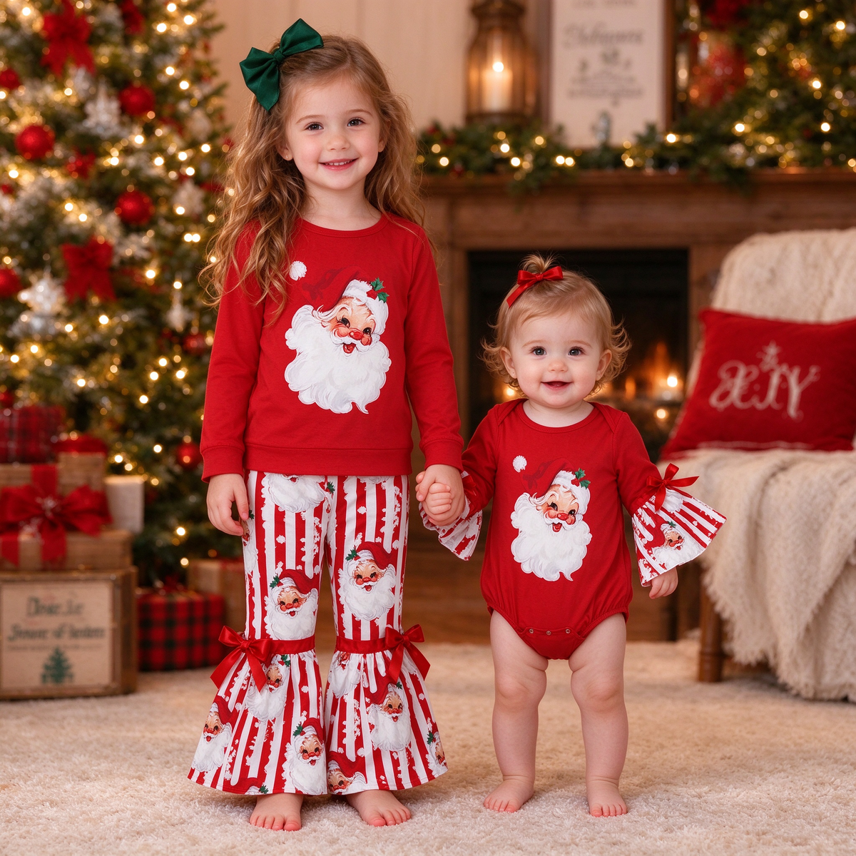 Baby Girls Christmas Red Santa Collection - Stripe Flare Pants Set & Bows Romper