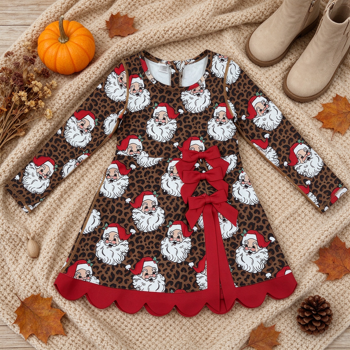 NEW RTS NO MOQ yoga fabric GLD1679 Baby Girls Leopard Santa Christmas Bows Scallop Yoga Active Knee Length Dress
