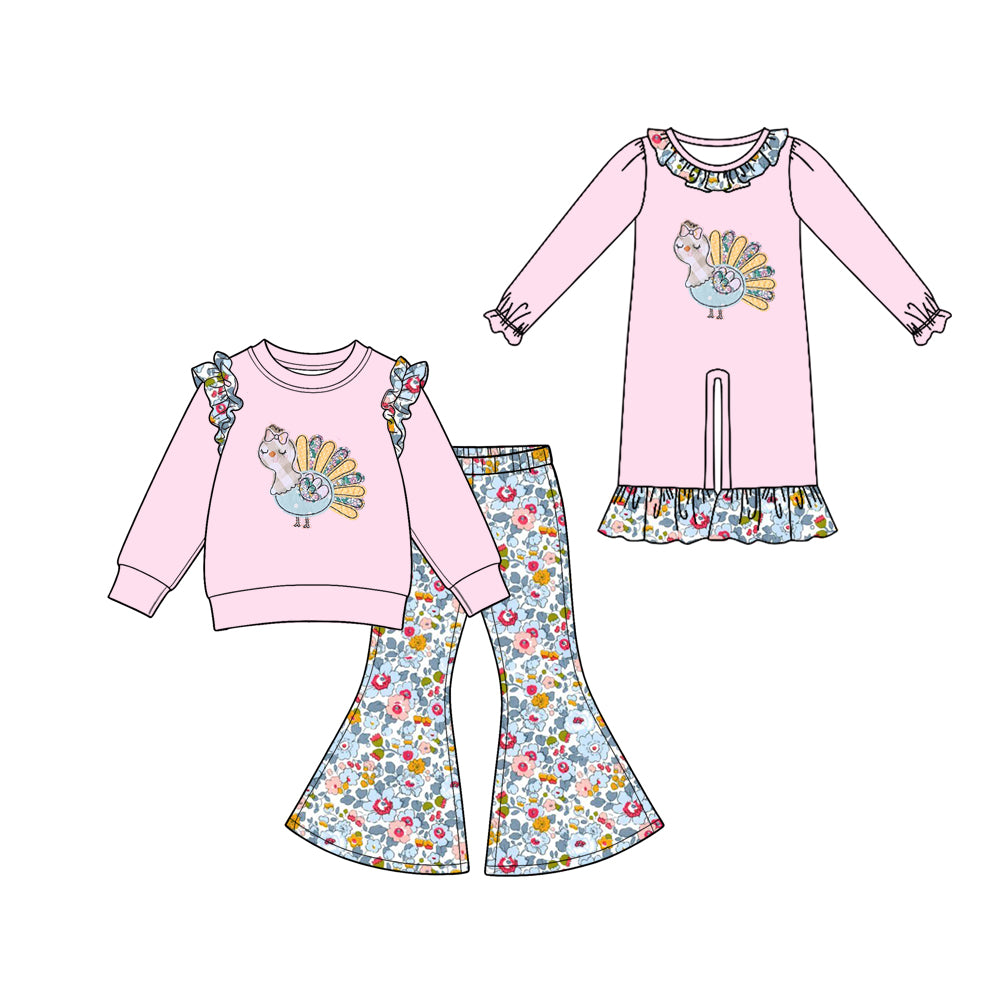 (Preorder new) No moq Baby Cute Print Pink Ruffle Girls Outfit Set Floral Flare Pants Frill Hem Baby Zipper Romper