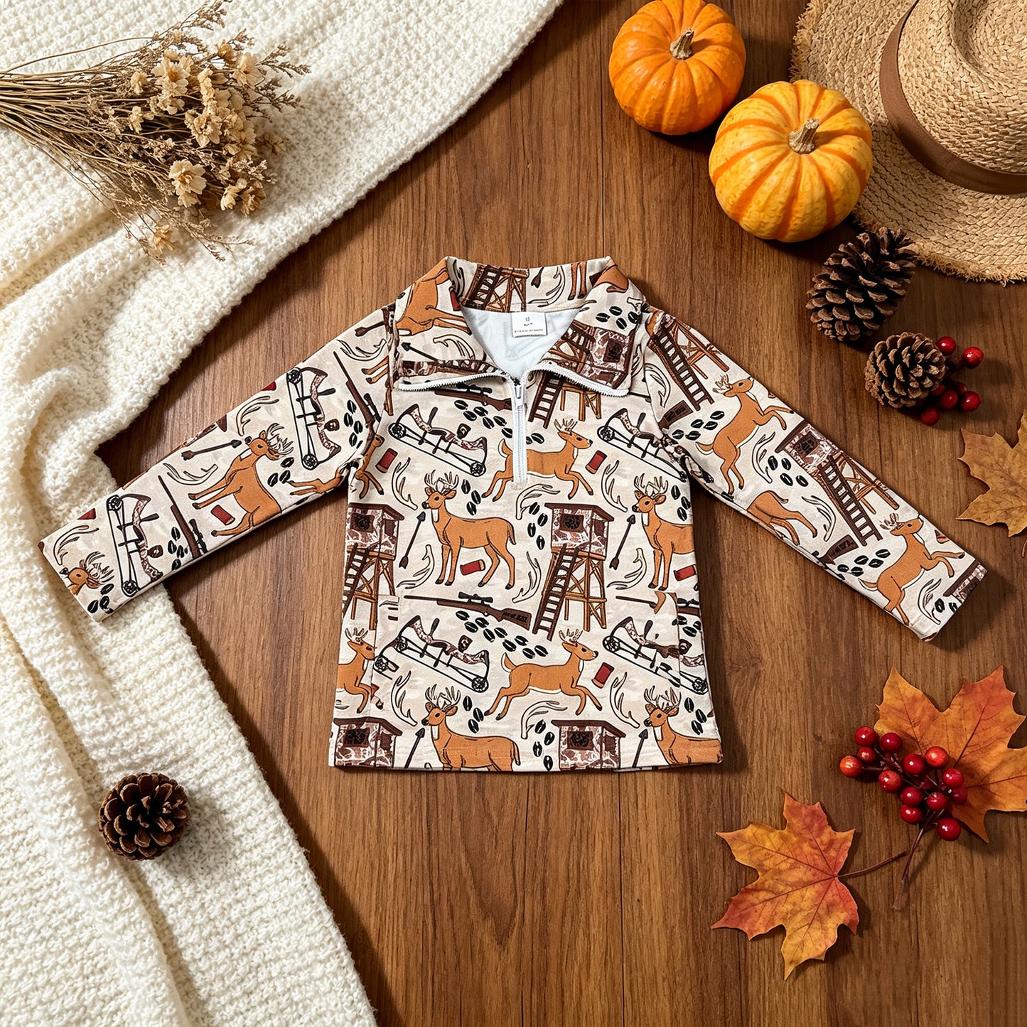 NEW RTS NO MOQ milk silk BT1397 Baby Boys Khaki Long Sleeve Deer Hunting Pockets Zip Pullovers Top Fall Outdoor Top