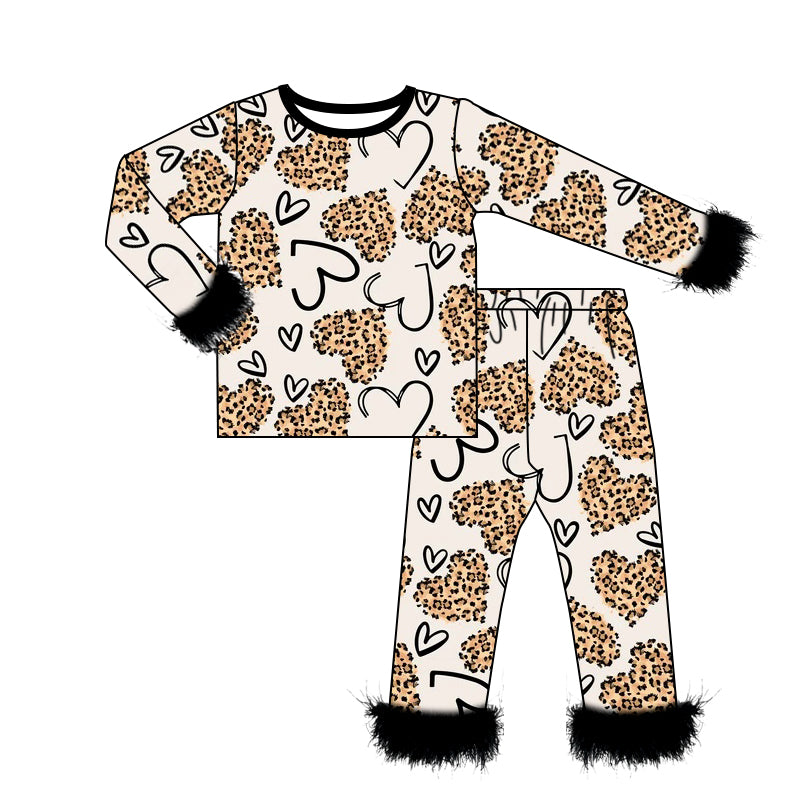 10.21 custom each style moq 5eta 4-6week baby girls clothes leopard love Plush Edge Long Sleeve Pants Set
